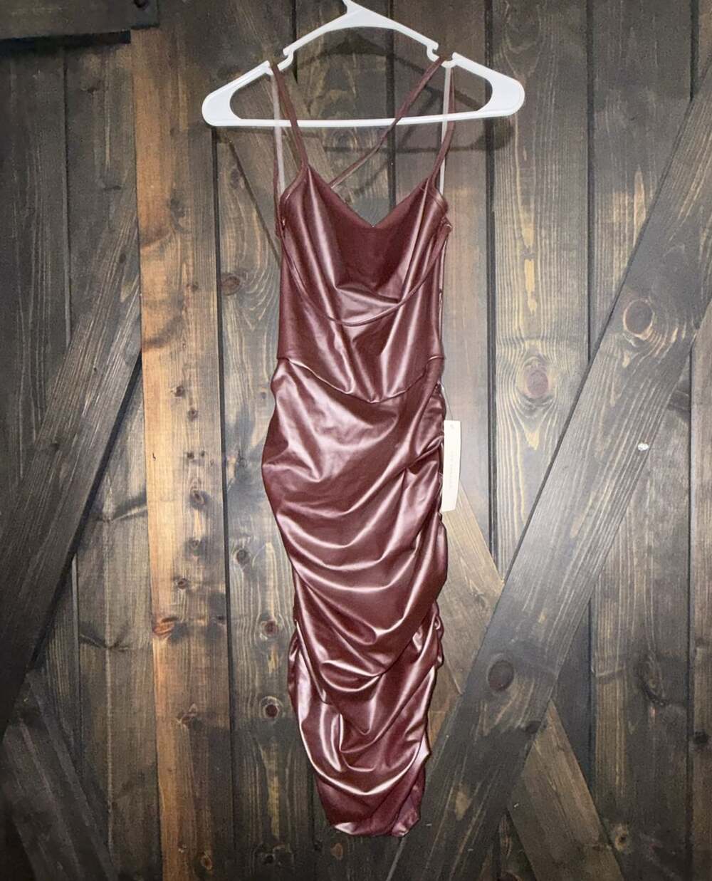 Timing Faux Leather Ruched Midi Dress Size M Burgundy Cowl Neck
